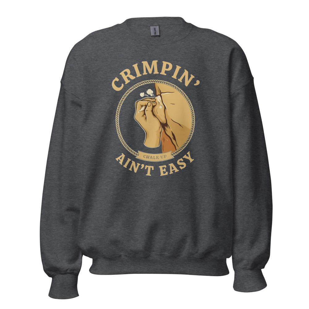 Crimpin' Ain't Easy bouldering badge crewneck sweatshirt — Dark Heather, front