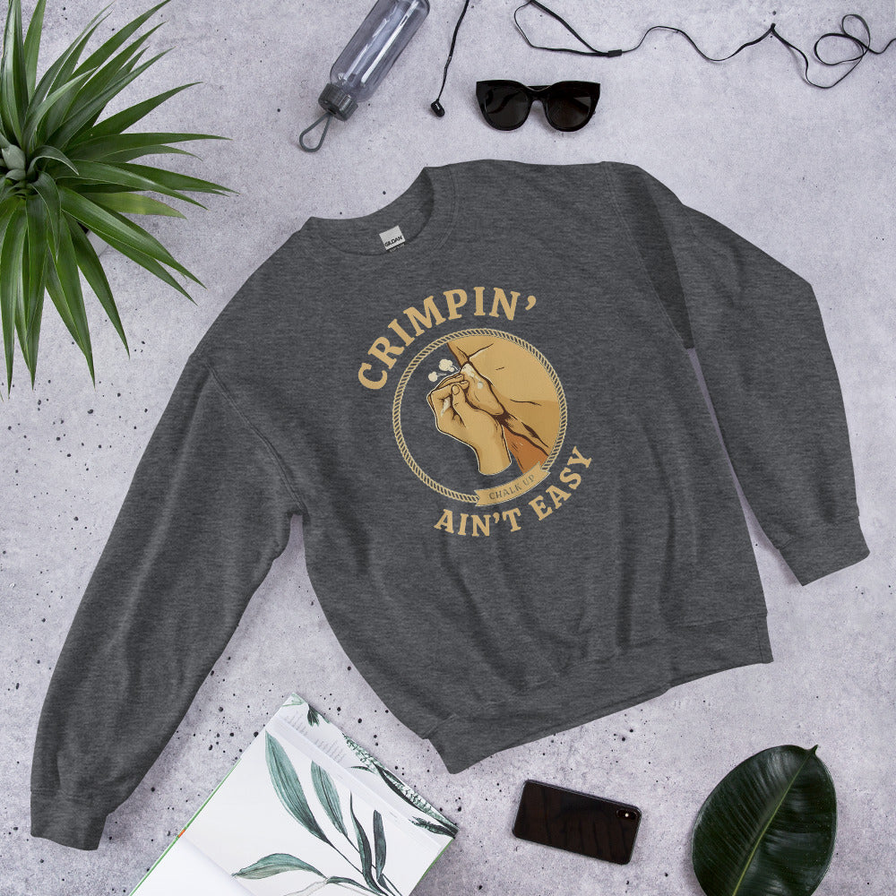 Crimpin' Ain't Easy bouldering badge crewneck sweatshirt — Dark Heather, front-right