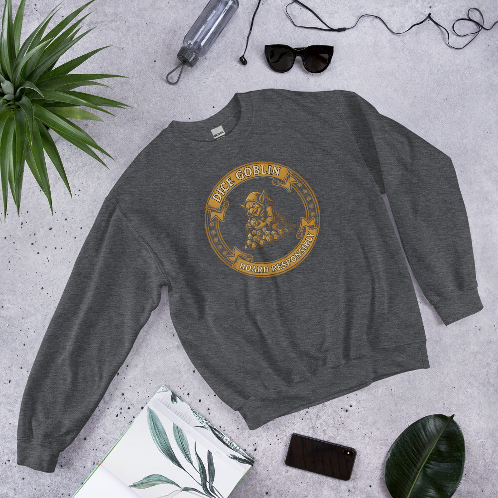 Dice Goblin Hoard Responsibly tabletop RPG crewneck sweatshirt — Dark Heather, front-right