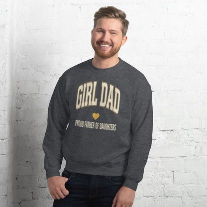 Girl Dad retro varsity crewneck sweatshirt — Dark Heather, on model