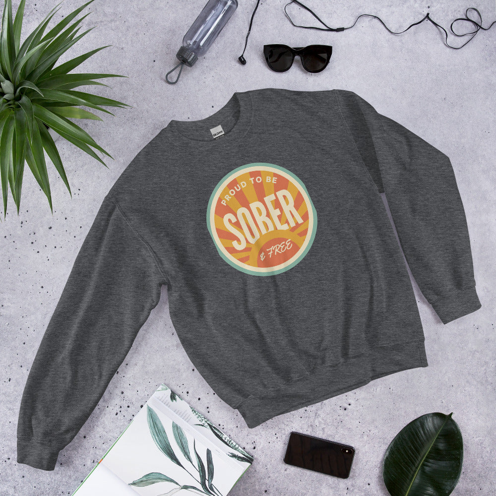 Sober & Proud retro sunburst crewneck sweatshirt — Dark Heather, front-right