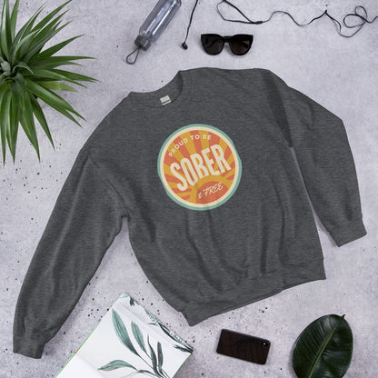 Sober & Proud retro sunburst crewneck sweatshirt — Dark Heather, front-right