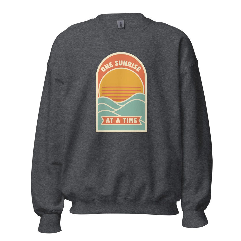 One Sunrise at a Time retro sunrise crewneck sweatshirt — Dark Heather, front