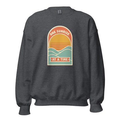 One Sunrise at a Time retro sunrise crewneck sweatshirt — Dark Heather, front