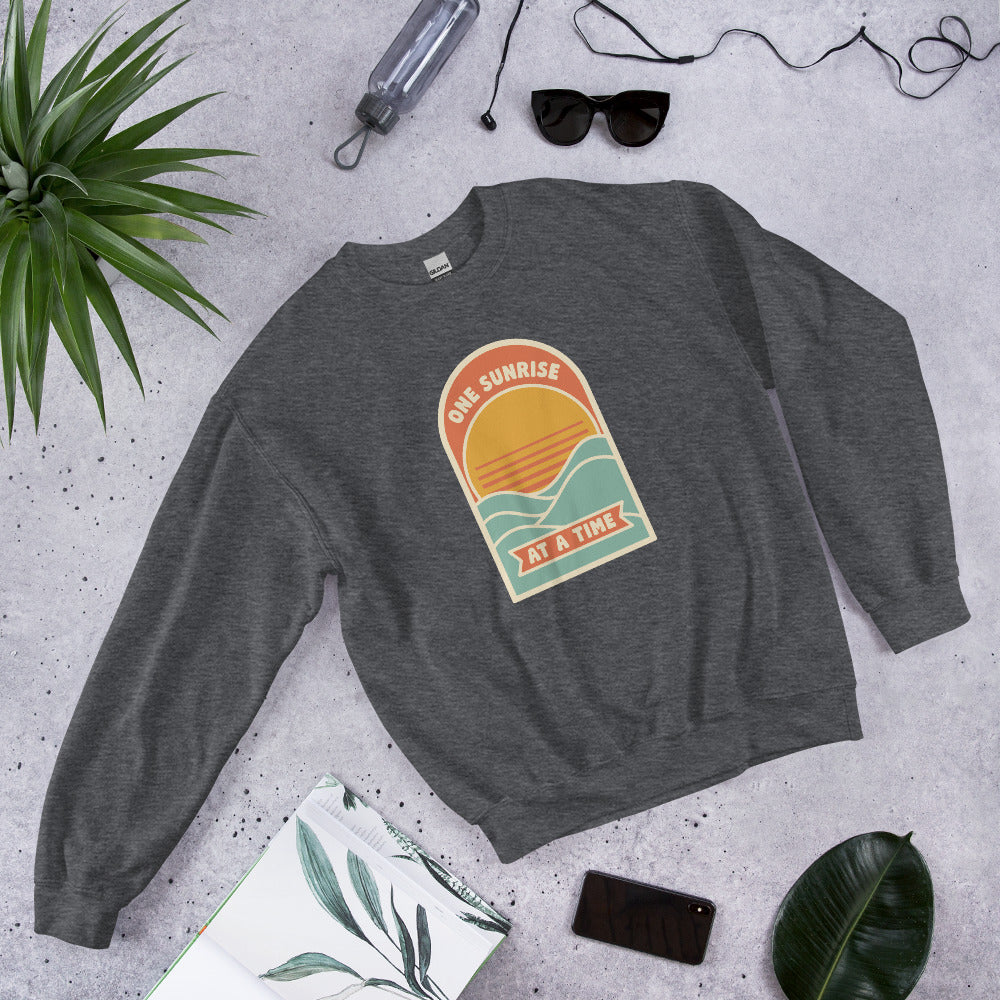 One Sunrise at a Time retro sunrise crewneck sweatshirt — Dark Heather, front-right