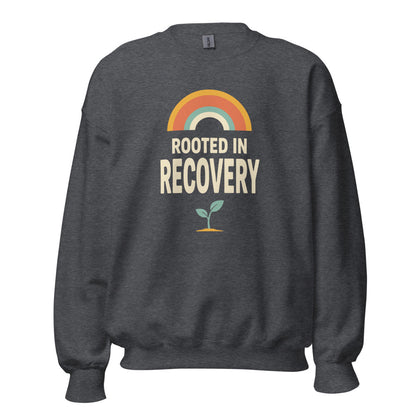 Rooted in Recovery retro rainbow crewneck sweatshirt — Dark Heather, front
