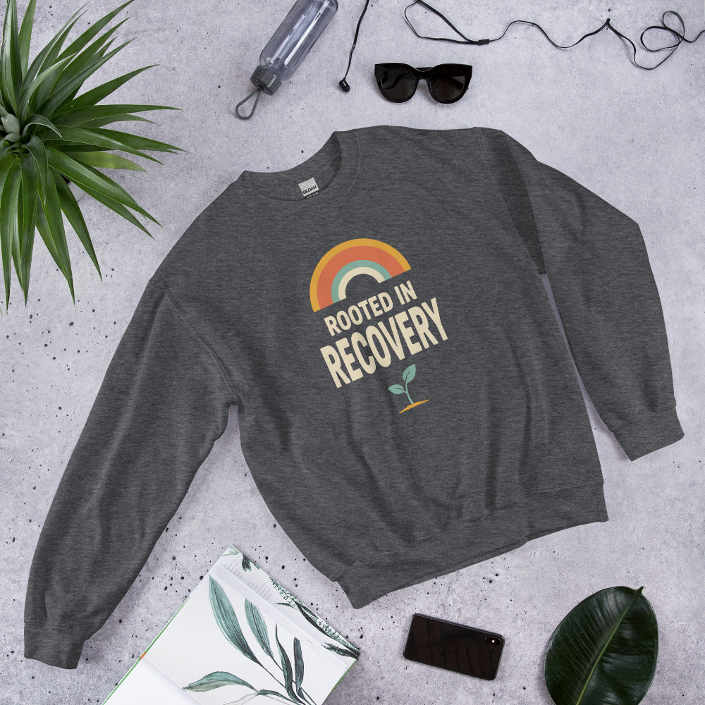 Rooted in Recovery retro rainbow crewneck sweatshirt — Dark Heather, front-right
