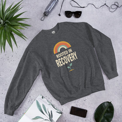 Rooted in Recovery retro rainbow crewneck sweatshirt — Dark Heather, front-right