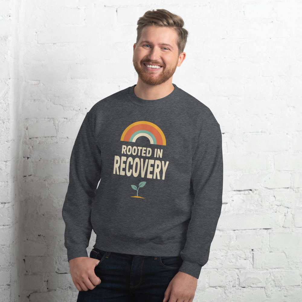 Rooted in Recovery retro rainbow crewneck sweatshirt — Dark Heather, on model
