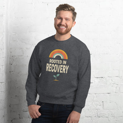 Rooted in Recovery retro rainbow crewneck sweatshirt — Dark Heather, on model