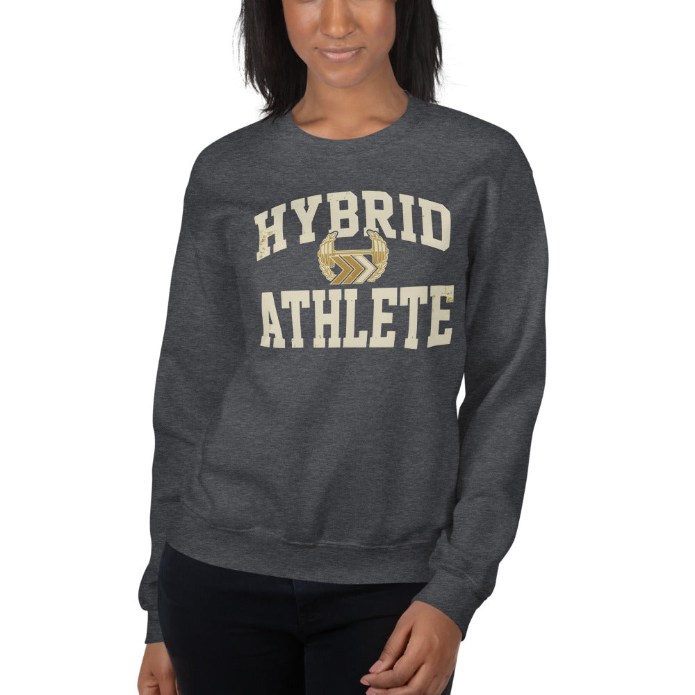 Hybrid Athlete vintage varsity crewneck sweatshirt — Dark Heather, on model