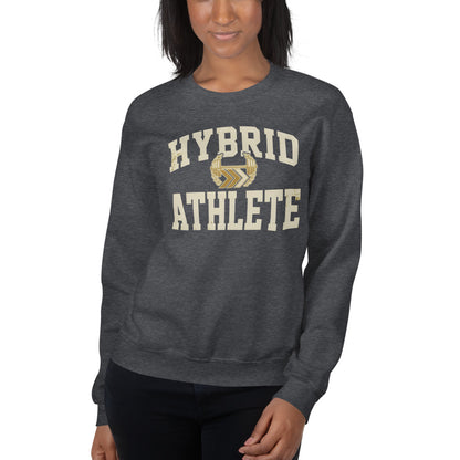 Hybrid Athlete vintage varsity crewneck sweatshirt — Dark Heather, on model
