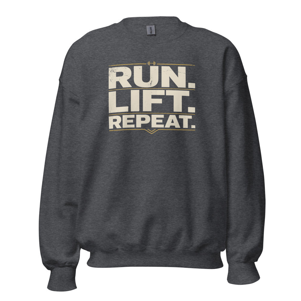 Run Lift Repeat vintage athletic crewneck sweatshirt — Dark Heather, front