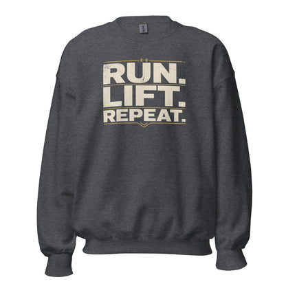 Run Lift Repeat vintage athletic crewneck sweatshirt — Dark Heather, front