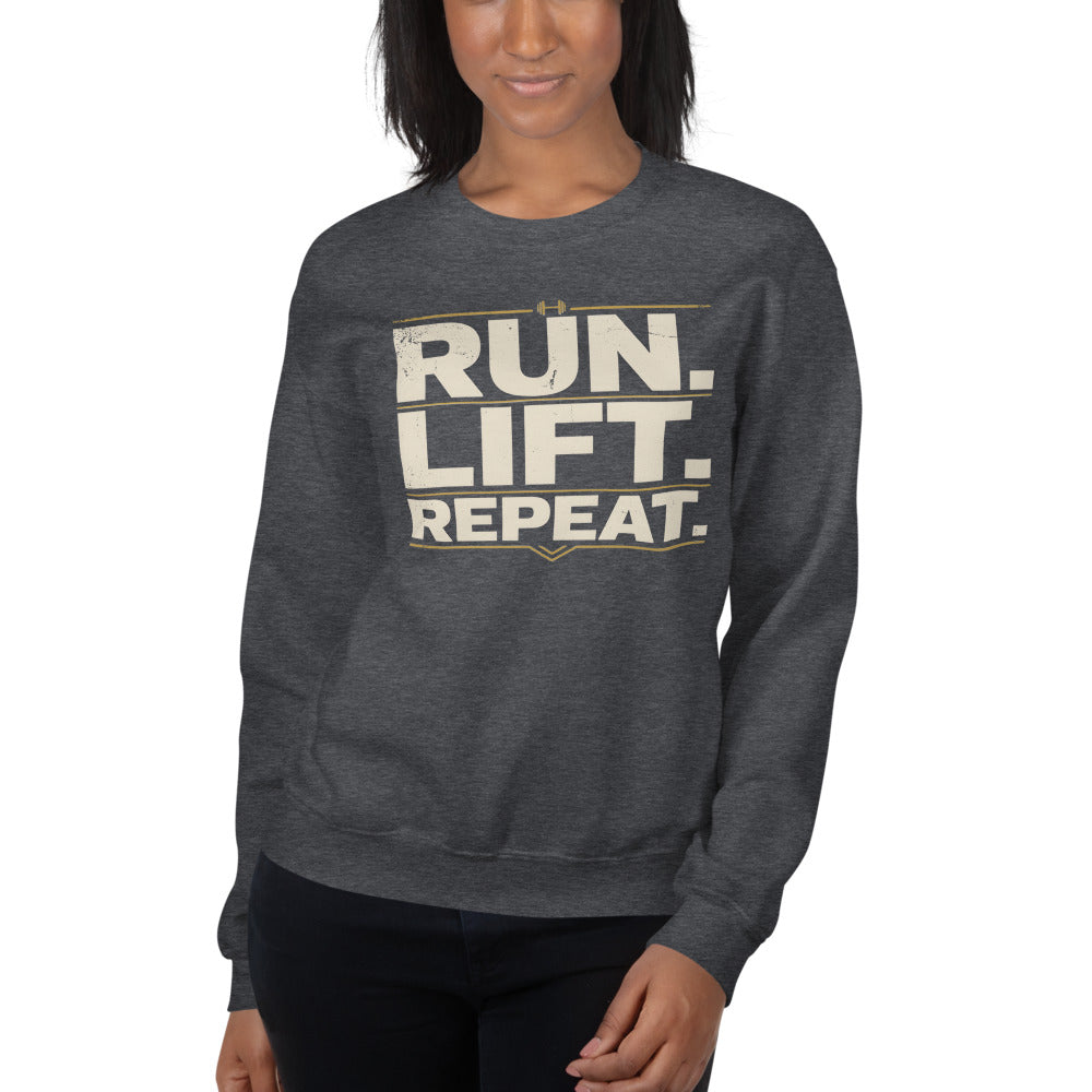 Run Lift Repeat vintage athletic crewneck sweatshirt — Dark Heather, on model