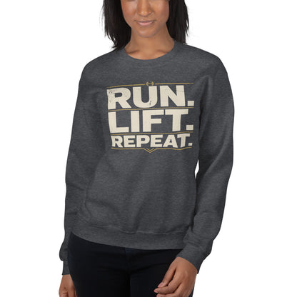 Run Lift Repeat vintage athletic crewneck sweatshirt — Dark Heather, on model