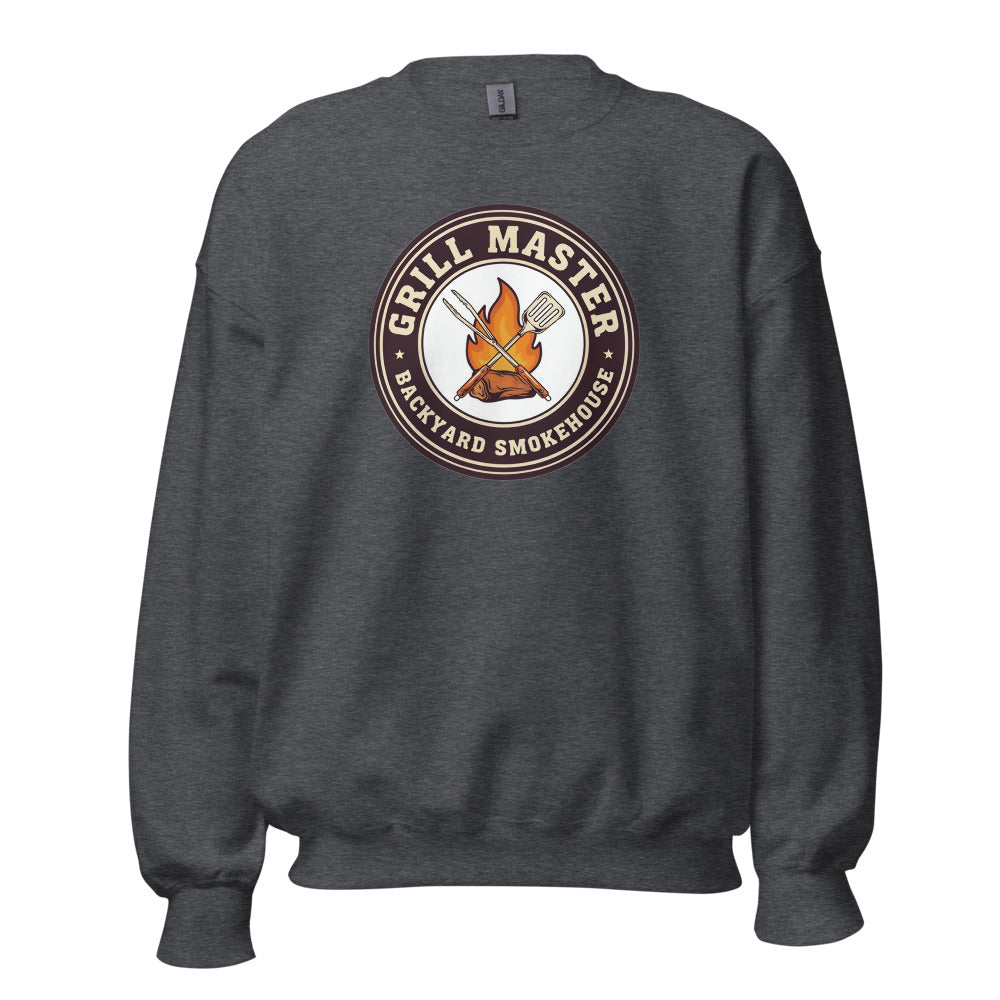 Grill Master retro backyard smokehouse crewneck sweatshirt — Dark Heather, front