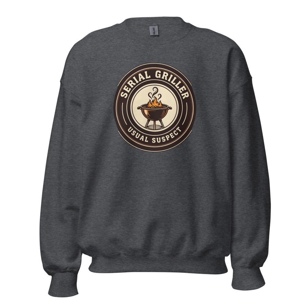 Serial Griller funny BBQ crewneck sweatshirt — Dark Heather, front