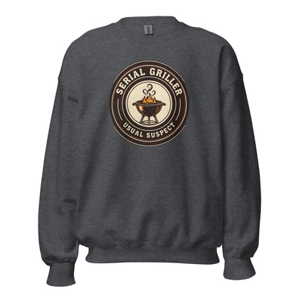 Serial Griller funny BBQ crewneck sweatshirt — Dark Heather, front