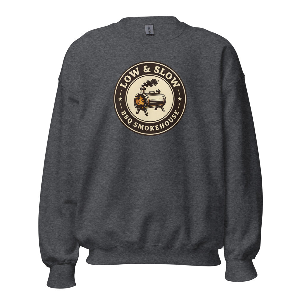 Low & Slow BBQ smoker crewneck sweatshirt — Dark Heather, front