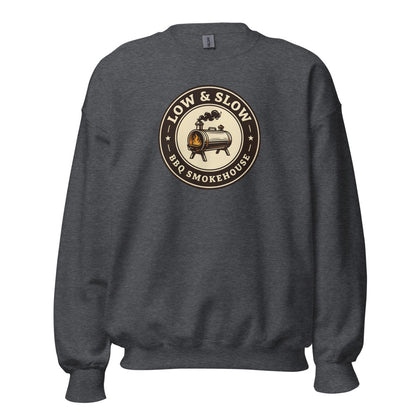 Low & Slow BBQ smoker crewneck sweatshirt — Dark Heather, front