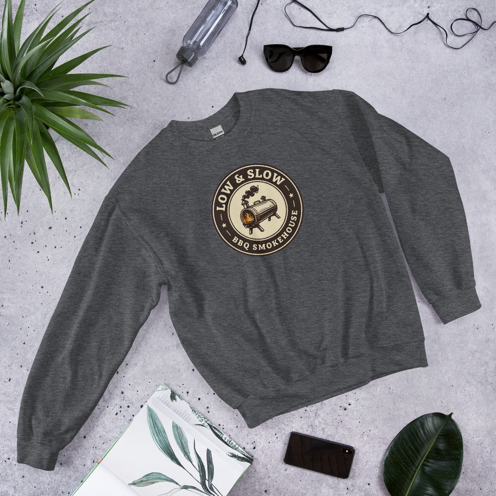 Low & Slow BBQ smoker crewneck sweatshirt — Dark Heather, front-right