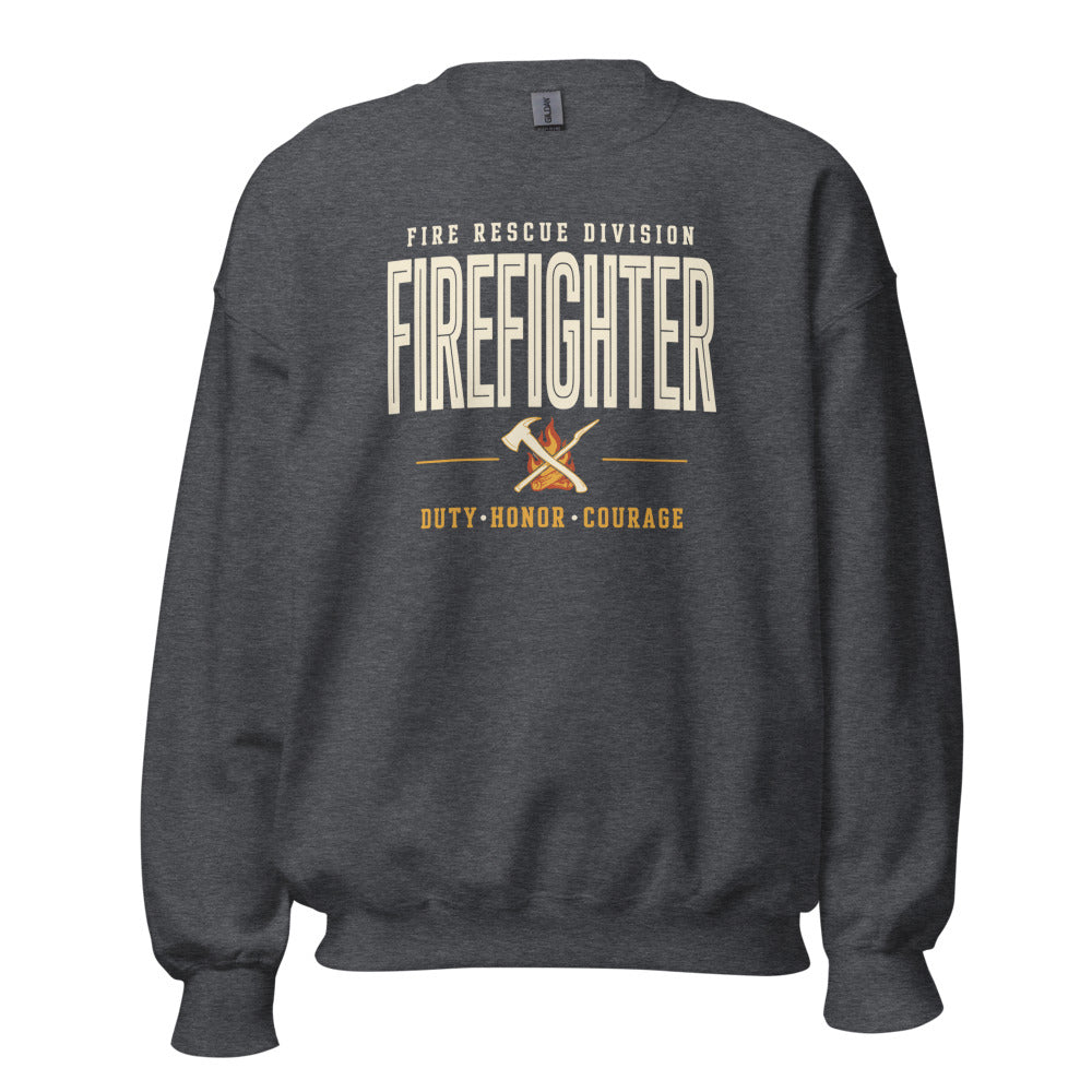 Firefighter collegiate wordmark retro fire-rescue crewneck sweatshirt — Dark Heather, front