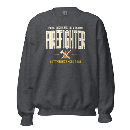 Firefighter collegiate wordmark retro fire-rescue crewneck sweatshirt — Dark Heather, front