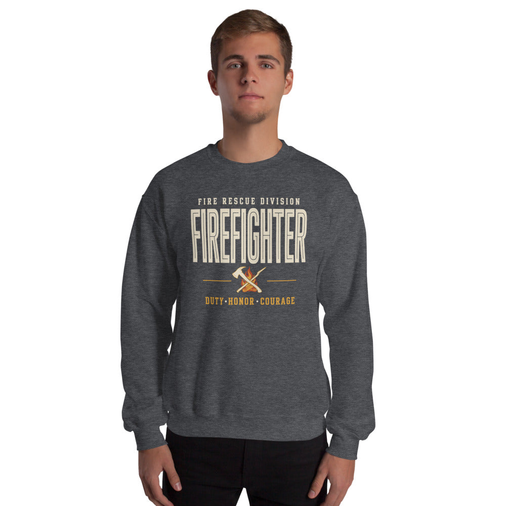Firefighter collegiate wordmark retro fire-rescue crewneck sweatshirt — Dark Heather, on model