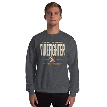 Firefighter collegiate wordmark retro fire-rescue crewneck sweatshirt — Dark Heather, on model