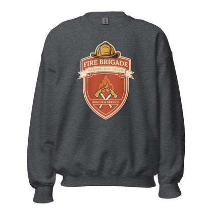 Fire Brigade Earned Not Given retro firefighter shield emblem crewneck sweatshirt — Dark Heather, front