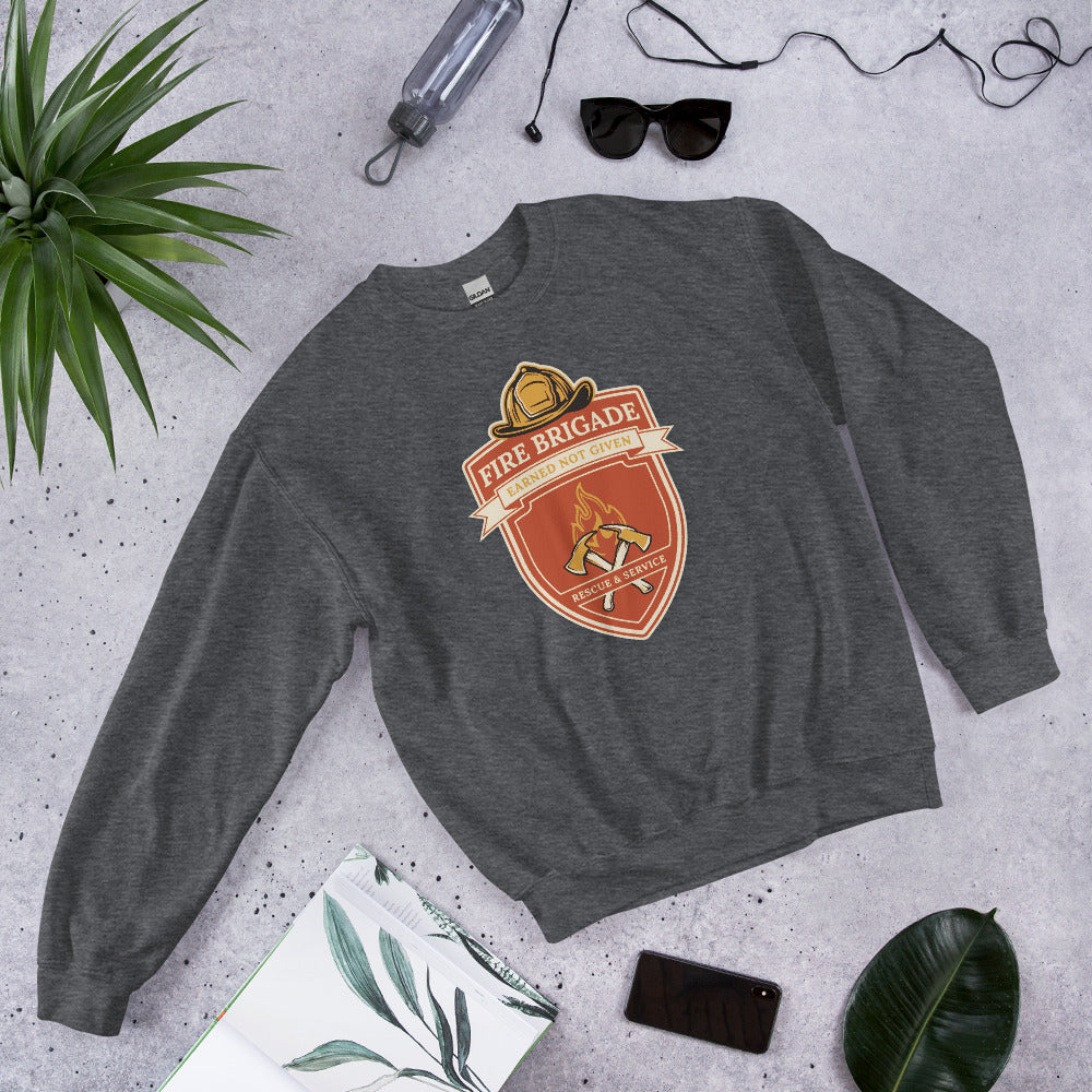 Fire Brigade Earned Not Given retro firefighter shield emblem crewneck sweatshirt — Dark Heather, front-right