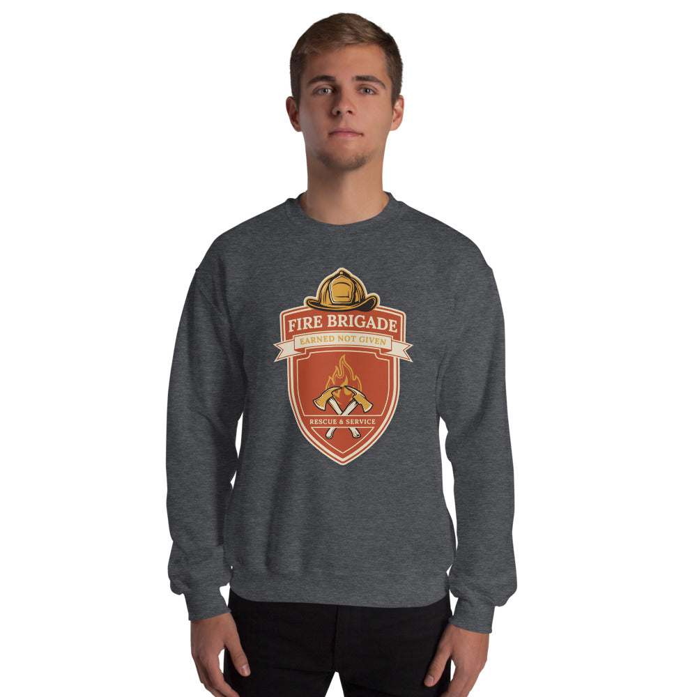 Fire Brigade Earned Not Given retro firefighter shield emblem crewneck sweatshirt — Dark Heather, on model