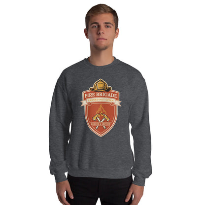Fire Brigade Earned Not Given retro firefighter shield emblem crewneck sweatshirt — Dark Heather, on model