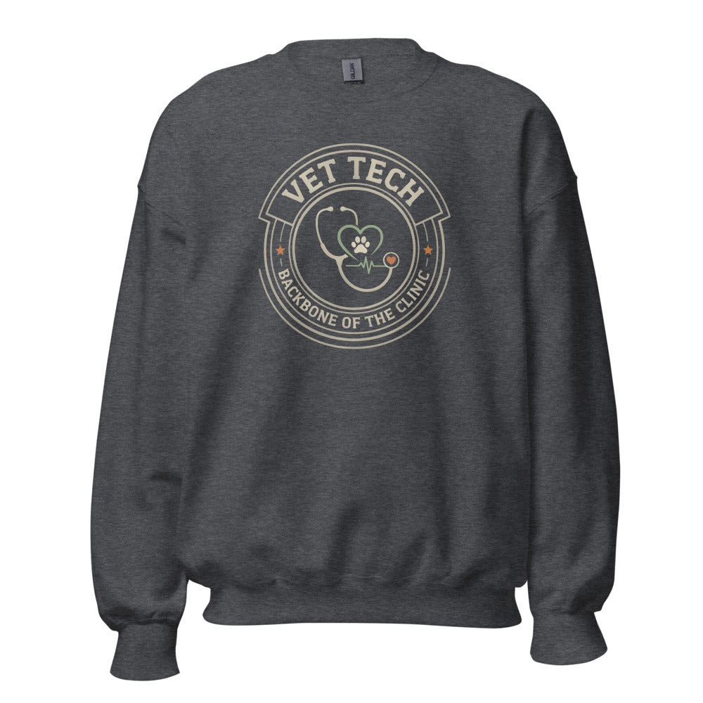 Vet Tech Crest retro veterinary technician crewneck sweatshirt — Dark Heather, front