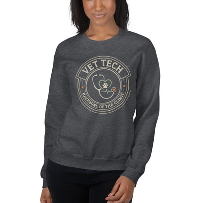 Vet Tech Crest retro veterinary technician crewneck sweatshirt — Dark Heather, on model