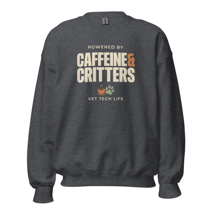 Powered by Caffeine & Critters funny vet tech crewneck sweatshirt — Dark Heather, front