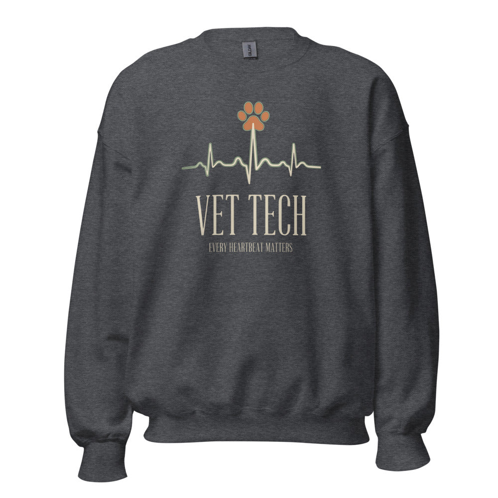 Every Heartbeat Matters minimalist vet tech crewneck sweatshirt — Dark Heather, front
