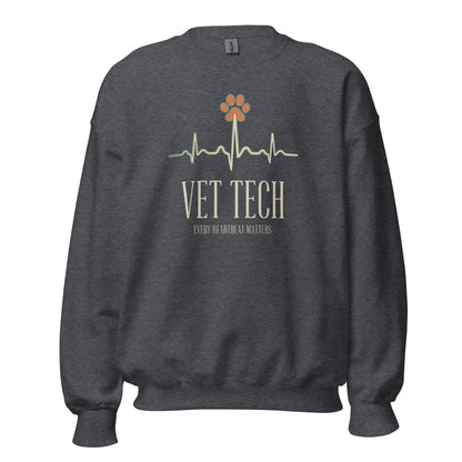 Every Heartbeat Matters minimalist vet tech crewneck sweatshirt — Dark Heather, front