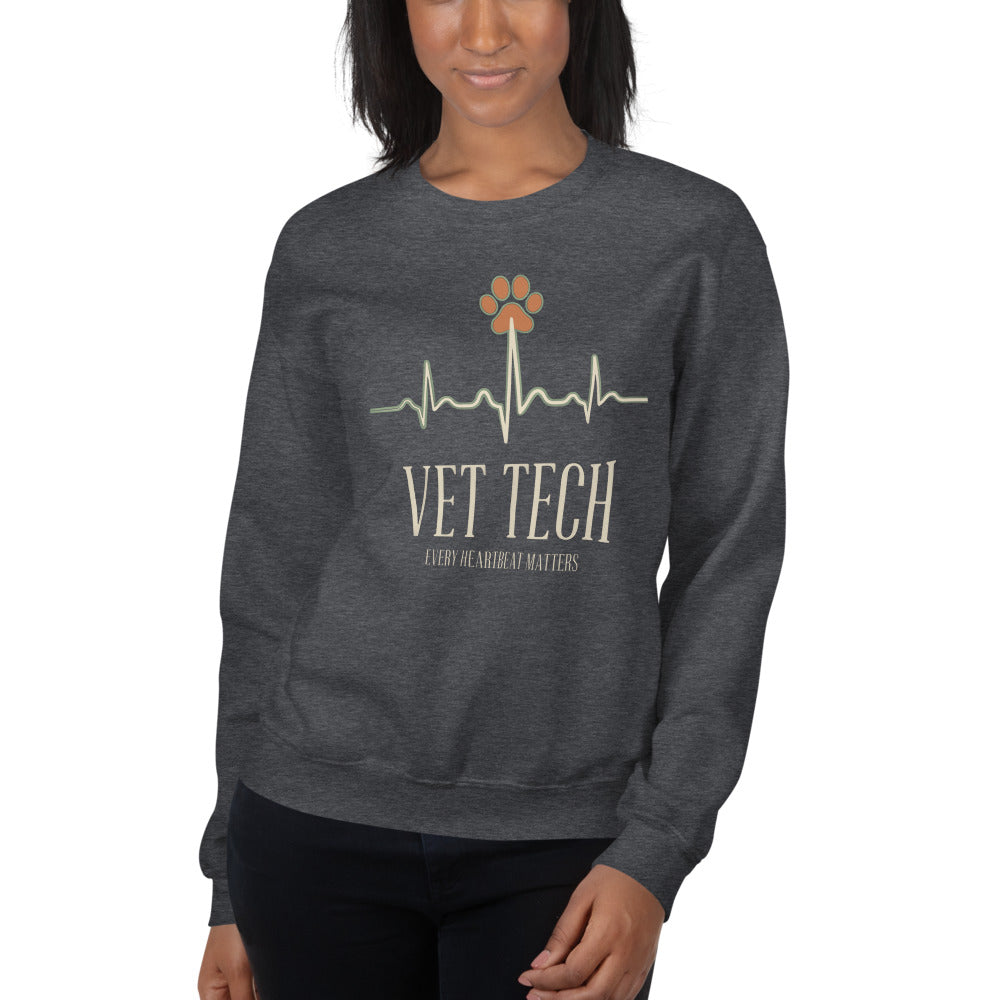 Every Heartbeat Matters minimalist vet tech crewneck sweatshirt — Dark Heather, on model