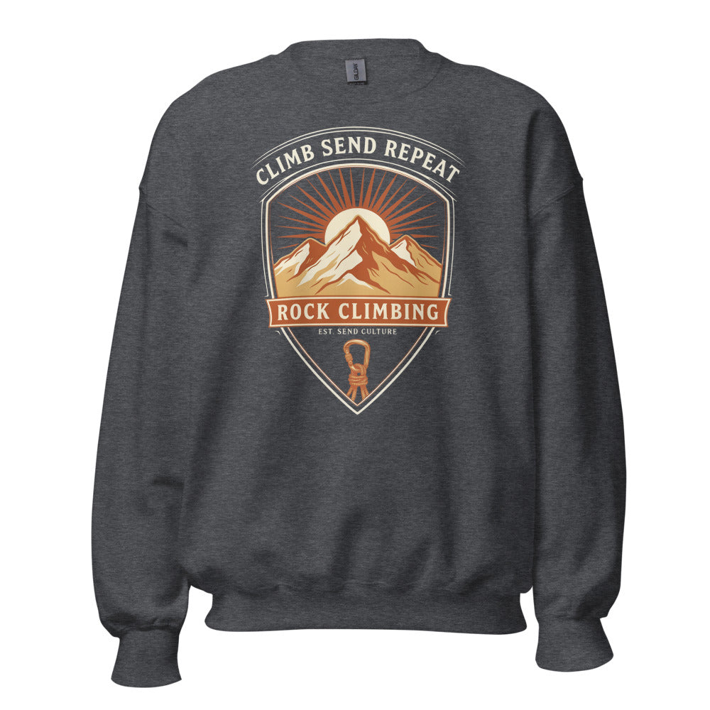 Climb Send Repeat mountaineering crest crewneck sweatshirt — Dark Heather, front