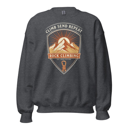 Climb Send Repeat mountaineering crest crewneck sweatshirt — Dark Heather, front