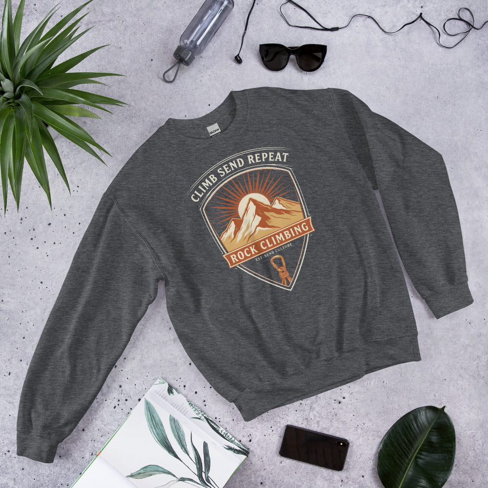 Climb Send Repeat mountaineering crest crewneck sweatshirt — Dark Heather, front-right