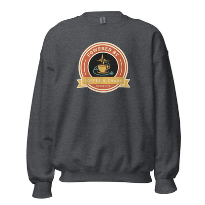 Powered by Coffee & Chaos retro nurse badge crewneck sweatshirt — Dark Heather, front