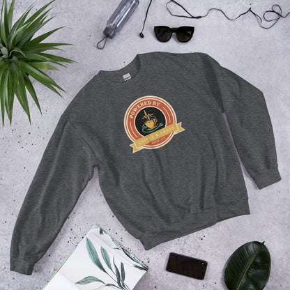 Powered by Coffee & Chaos retro nurse badge crewneck sweatshirt — Dark Heather, front-right