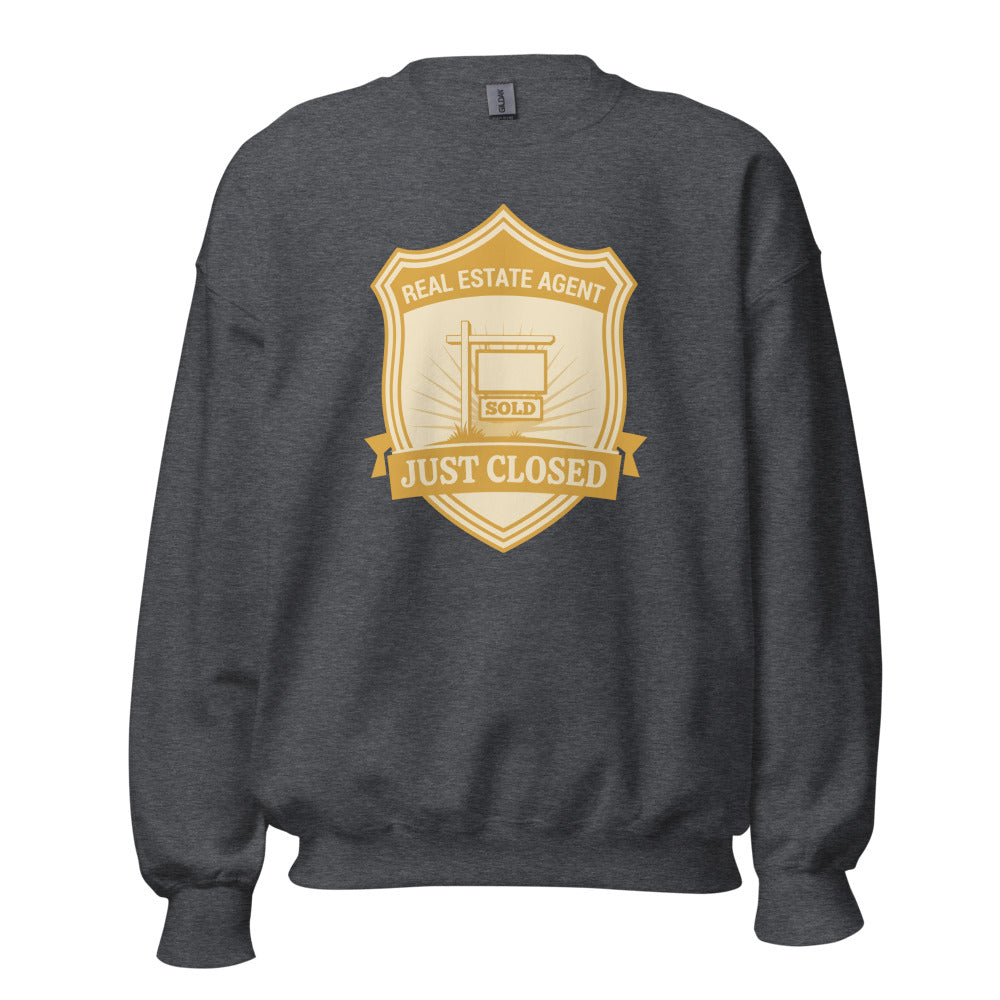 Just Closed real estate agent crewneck sweatshirt — Dark Heather, front
