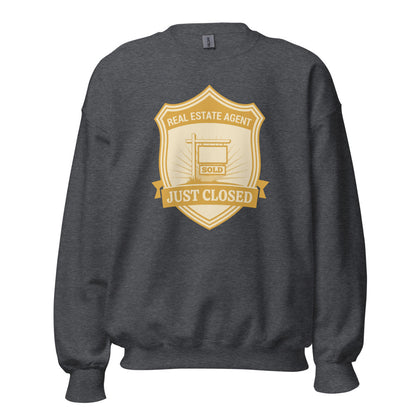 Just Closed real estate agent crewneck sweatshirt — Dark Heather, front