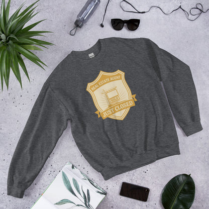 Just Closed real estate agent crewneck sweatshirt — Dark Heather, front-right