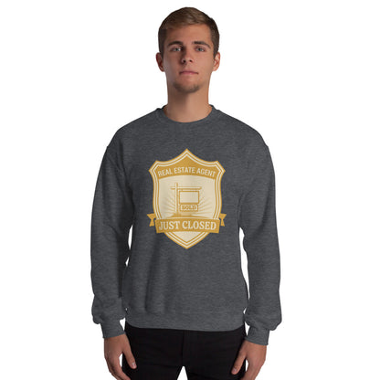 Just Closed real estate agent crewneck sweatshirt — Dark Heather, on model