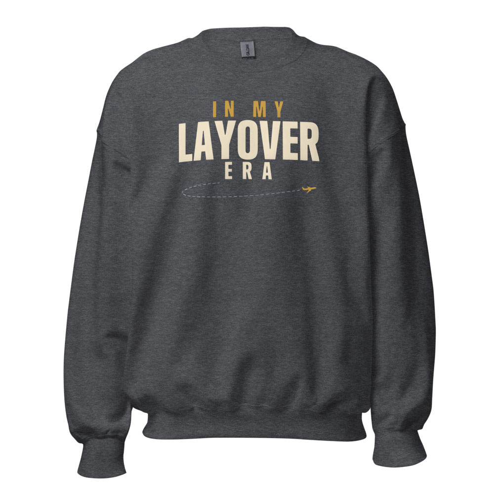 In My Layover Era flight attendant crewneck sweatshirt — Dark Heather, front